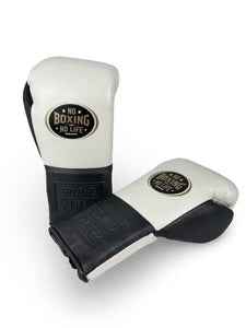 Authentic white and black No Boxing No Life professional lace-up boxing gloves handcrafted in Mexico with official branding.