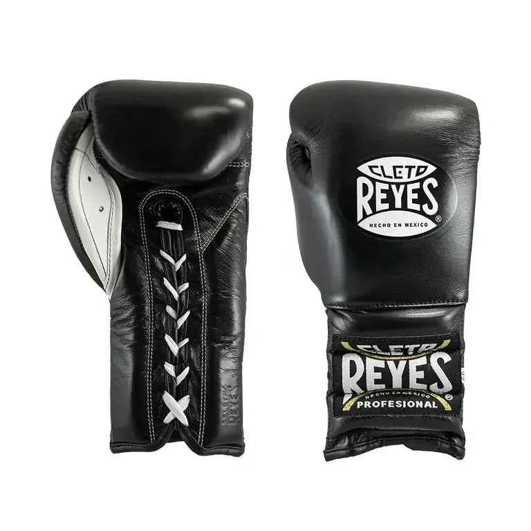 Official Cleto Reyes professional lace-up training boxing gloves in black leather featuring a white inner palm panel, crisp white laces, and traditional printed brand markings.