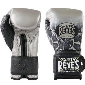 Limited edition Cleto Reyes professional hook-and-loop training boxing gloves featuring a metallic silver knuckle face transitioning into a black and gray python snakeskin pattern with a black leather wrist cuff.