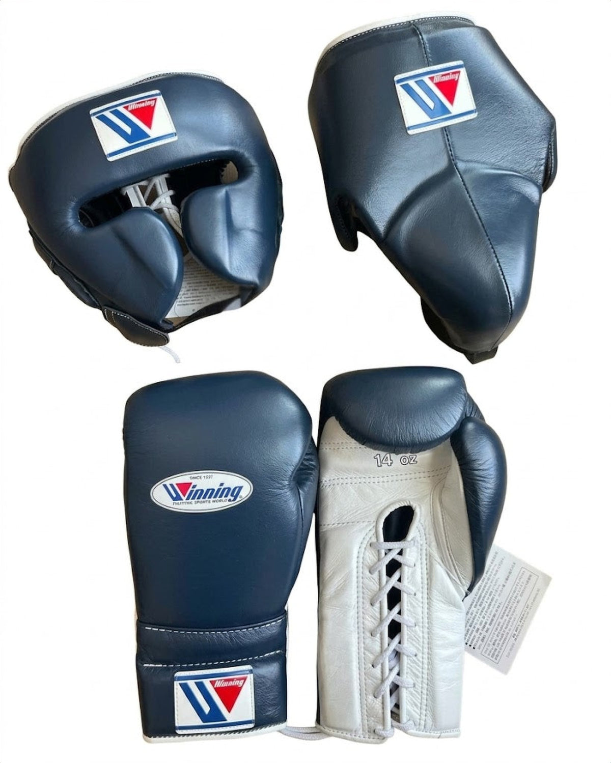 Winning Blue/White leather 3-piece boxing sparring set with lace-up gloves, FG-2900 headgear, and CPS-500 groin guard