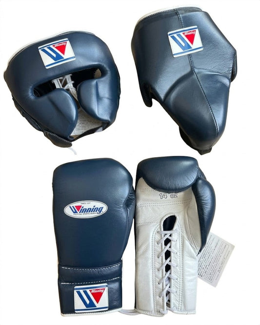 Winning Blue/White leather 3-piece boxing sparring set with lace-up gloves, FG-2900 headgear, and CPS-500 groin guard