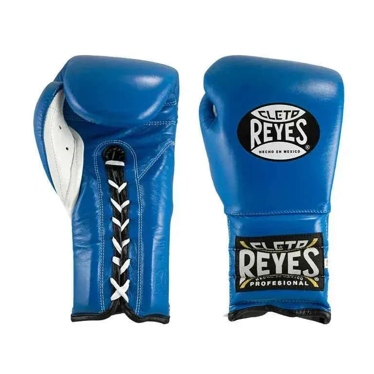 Official Cleto Reyes professional lace-up training boxing gloves in royal blue leather featuring a white inner palm panel, a black lace border panel with white laces, and traditional brand markings.