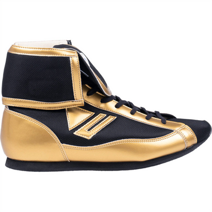 Winning short-cut boxing boots in metallic gold and black top-down view