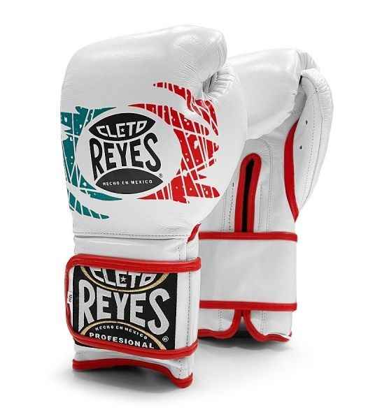 Limited edition Cleto Reyes professional hook-and-loop training boxing gloves in white leather featuring a green and red abstract Mexican flag graphic across the knuckles and contrasting red piping.