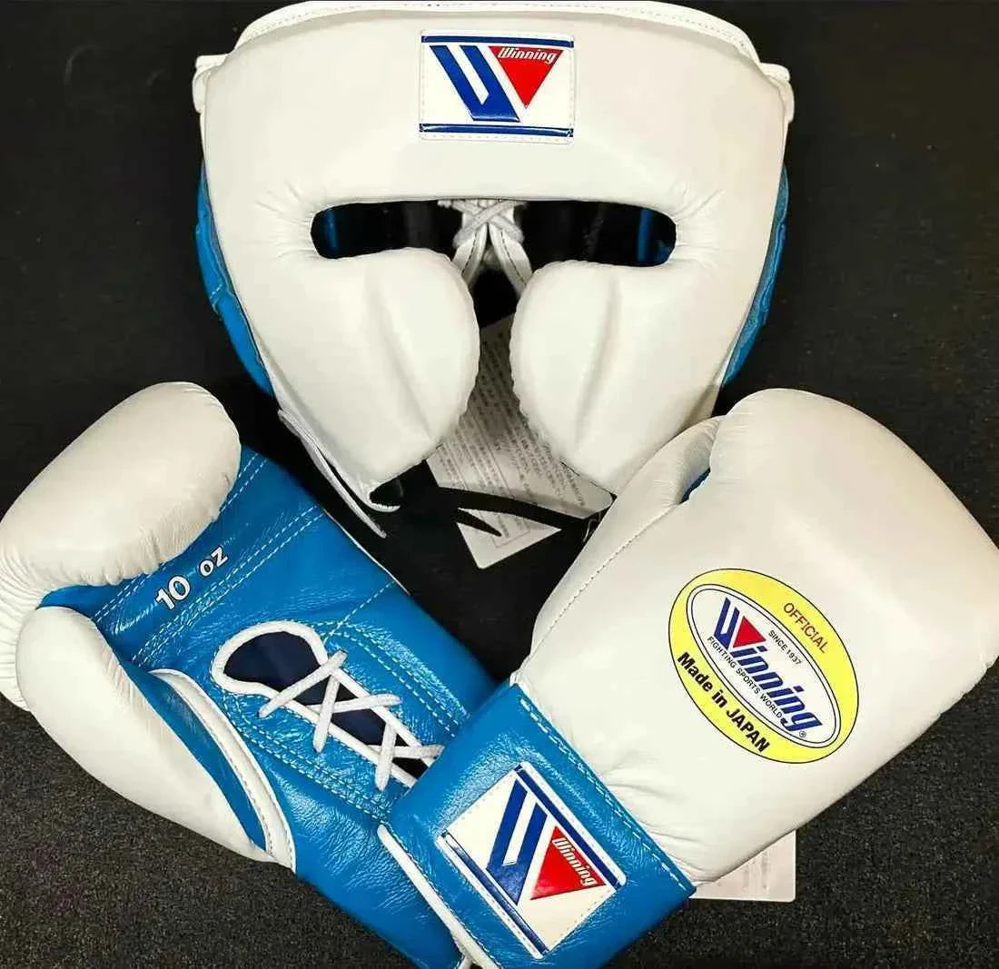 Winning custom professional sparring set in white and sky blue leather including MS-300 lace-up gloves and FG-2900 headgear handcrafted in Japan.