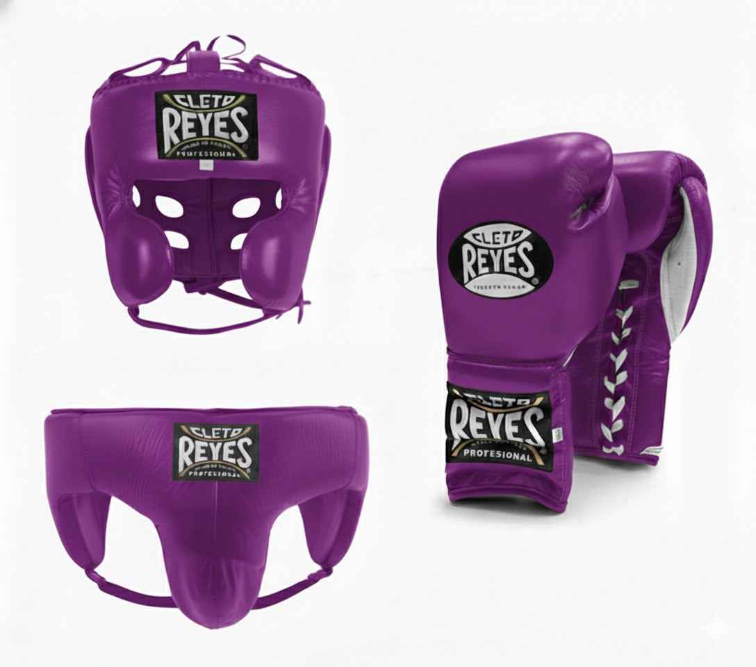 Official Cleto Reyes professional 3-piece boxing sparring gear set featuring matching lace-up gloves, a cheek protector headguard, and a groinguard in uniform royal purple leather.
