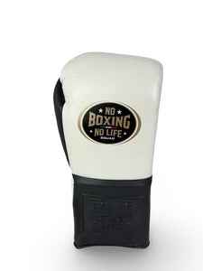 Authentic white and black No Boxing No Life professional lace-up boxing gloves handcrafted in Mexico with official branding.