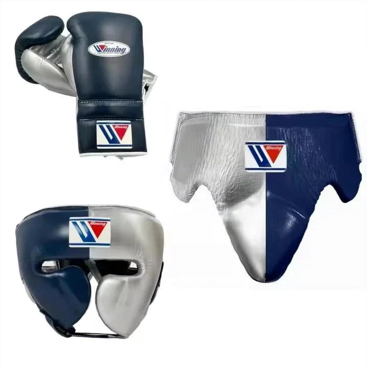 Winning Blue/Silver 3-piece boxing sparring set with lace-up gloves, FG-2900 headgear, and CPS-500 groin guard