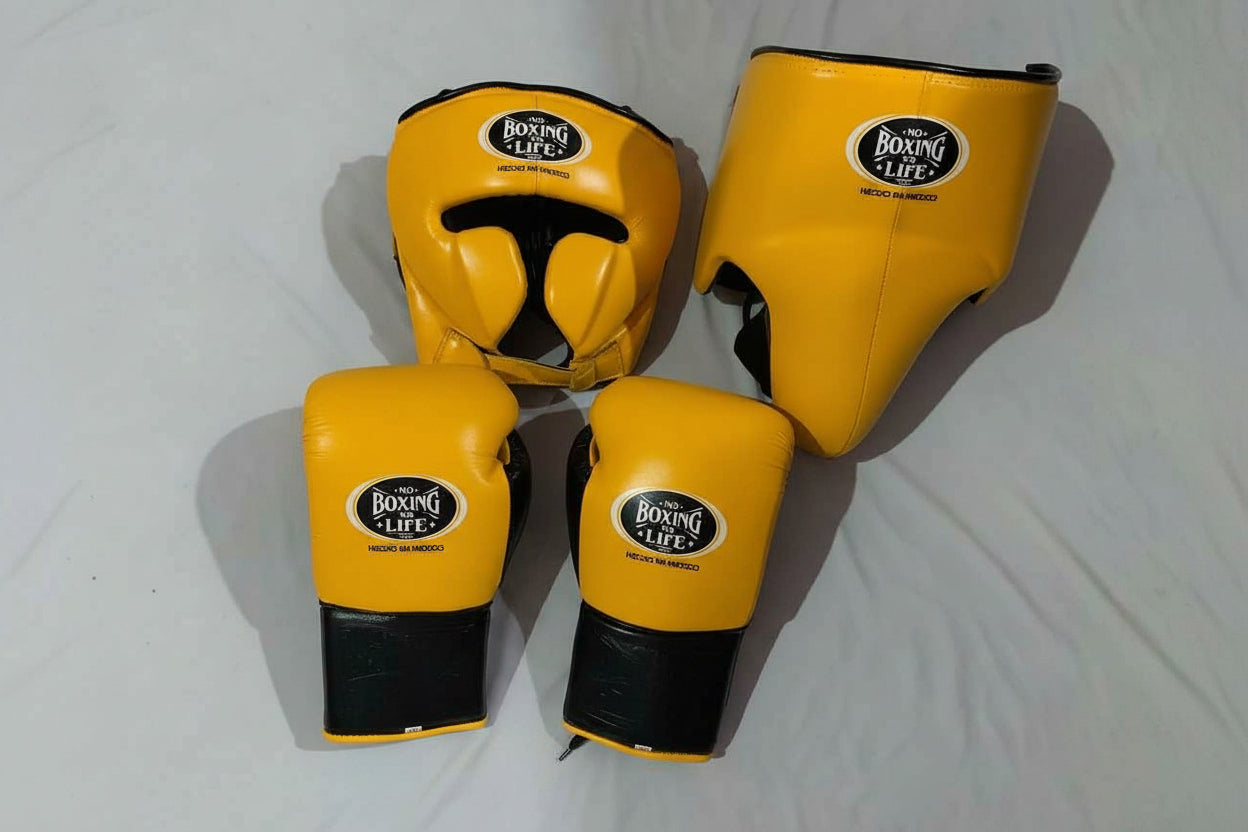 No Boxing No Life custom professional sparring set in yellow and black leather including lace-up gloves, headgear, and groin protector.