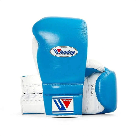 Winning Blue/White 3-piece boxing sparring set with lace-up gloves, headgear and groin guard - view 2