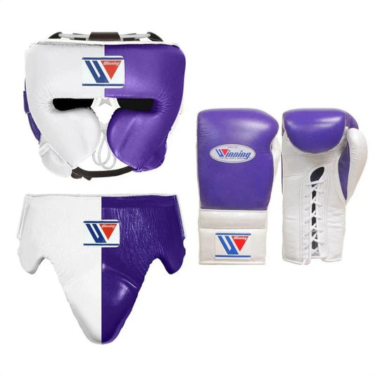 Winning White/Purple 3-piece boxing sparring set with lace-up gloves, FG-2900 headgear, and CPS-500 groin guard