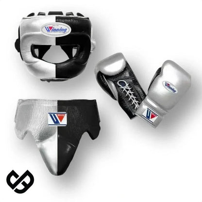 Winning Silver/Black 3-piece boxing sparring set with lace-up gloves, FG-2900 headgear, and CPS-500 groin guard