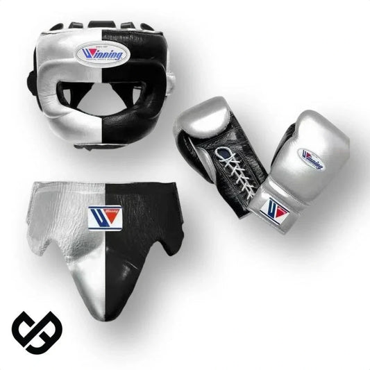 Winning Silver/Black 3-piece boxing sparring set with lace-up gloves, FG-2900 headgear, and CPS-500 groin guard