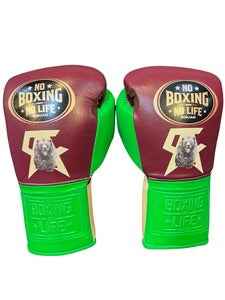 Authentic No Boxing No Life professional boxing gloves in maroon and lime green with grizzly bear graphic and official branding.