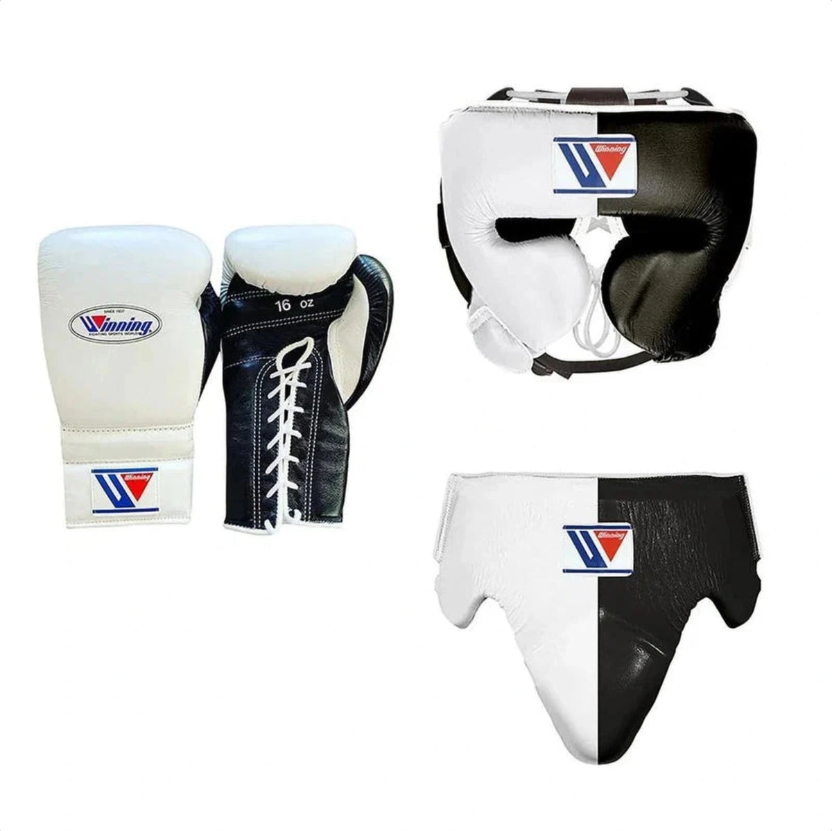 Winning Black/White 3-piece boxing sparring set with lace-up gloves, FG-2900 headgear, and CPS-500 groin guard