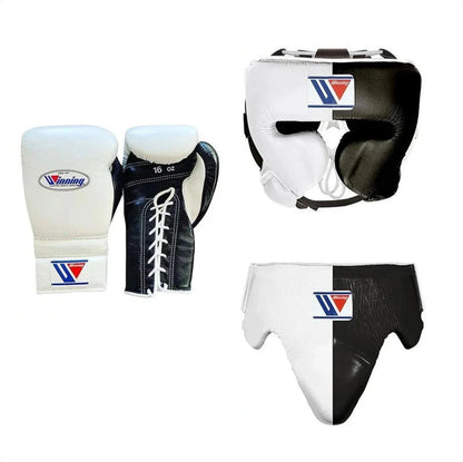 Winning Black/White 3-piece boxing sparring set with lace-up gloves, FG-2900 headgear, and CPS-500 groin guard