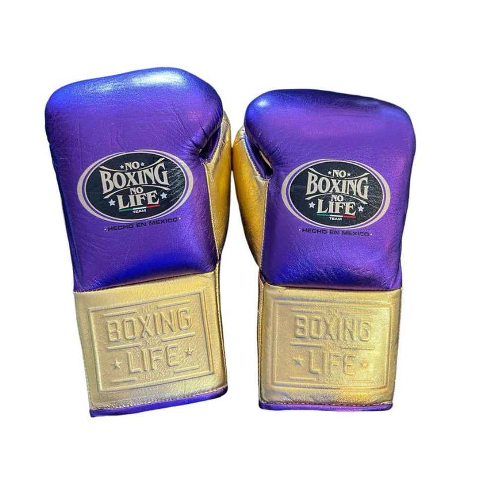 No Boxing No Life professional lace-up boxing gloves in metallic purple leather with a metallic gold thumb, palm, and cuff area featuring the official brand patch and contrasting white laces.