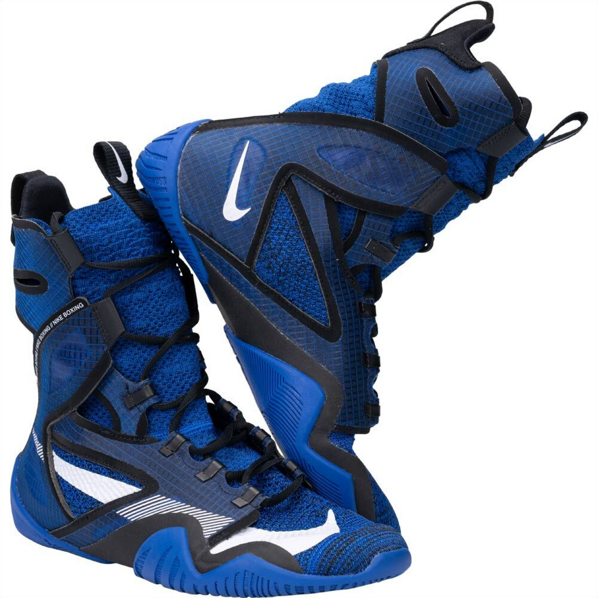 Nike Hyperko 2 royal blue, black, and white high-top boxing shoes on white background