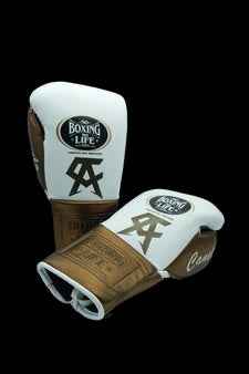 Authentic white and brown No Boxing No Life professional lace-up boxing gloves handcrafted in Mexico with official branding.