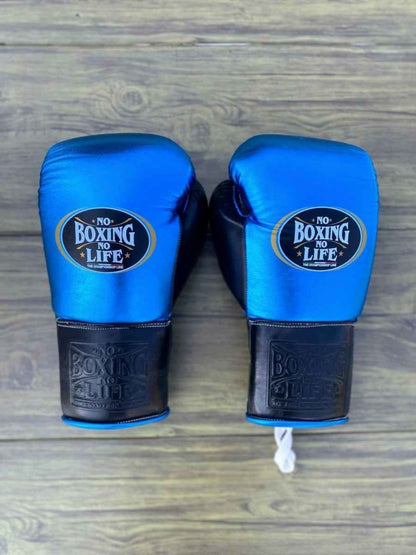 No Boxing No Life metallic blue leather boxing gloves with black cuff and groin guard