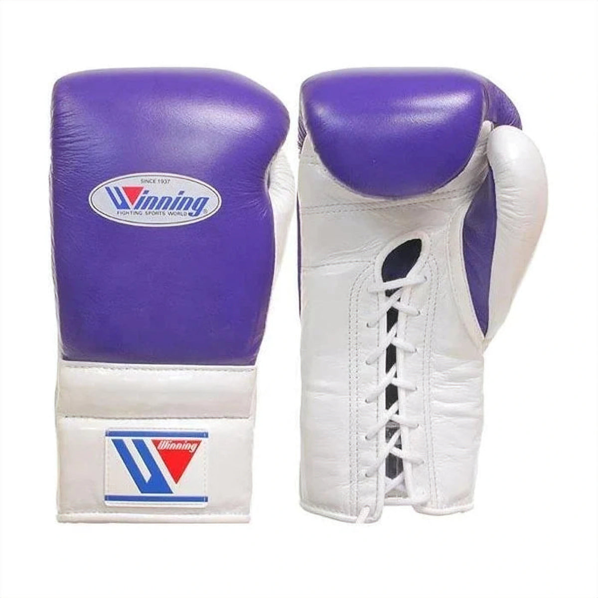 Winning White/Purple 3-piece boxing sparring set with lace-up gloves, headgear and groin guard - view 2