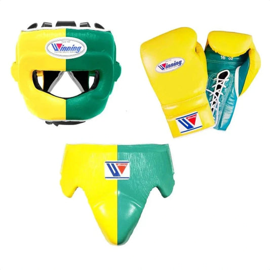 Winning Yellow/Green 3-piece boxing sparring set with lace-up gloves, FG-2900 headgear, and CPS-500 groin guard