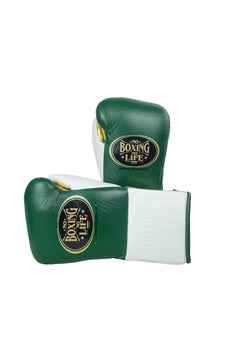 Authentic Forest Green, White, and Metallic Gold No Boxing No Life professional lace-up boxing gloves handcrafted in Mexico with official branding.