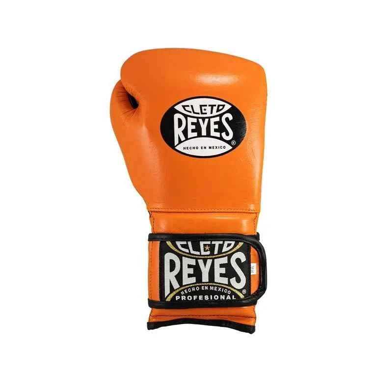 Official Cleto Reyes professional hook-and-loop training boxing gloves in vibrant orange leather featuring a black inner thumb panel, black trim leather piping, and traditional brand patches.