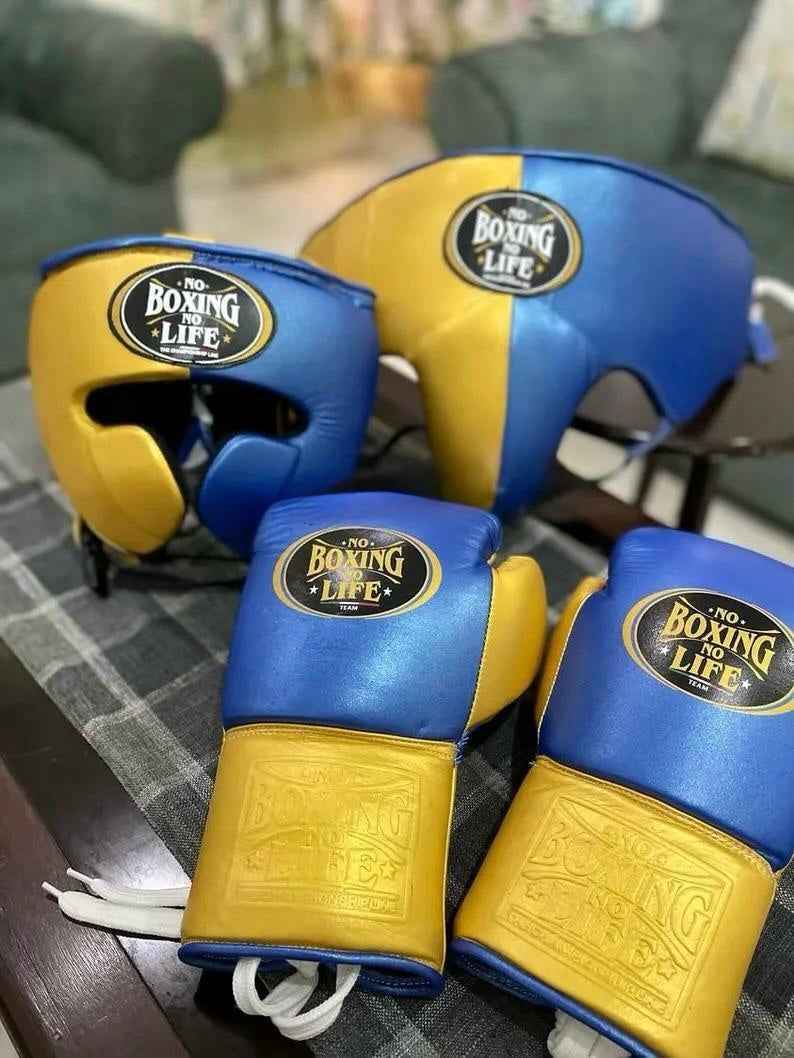 No Boxing No Life custom professional sparring set in blue and gold two-tone leather including lace-up gloves, headgear, and groin protector.