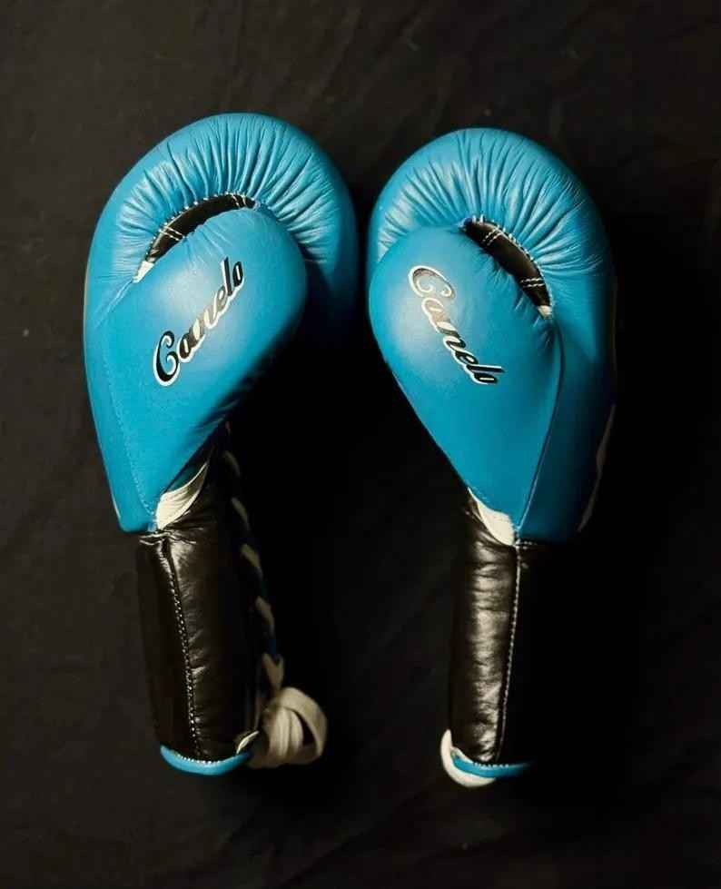 No Boxing No Life Professional Lace-Up Boxing Gloves - Sky Blue & Black Edition - PunchPro Boxing