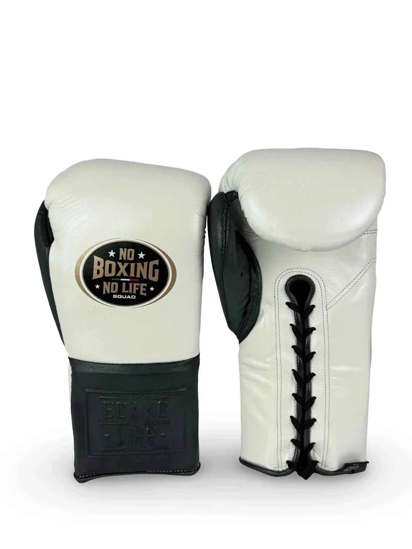 Authentic white and black No Boxing No Life professional lace-up boxing gloves handcrafted in Mexico with official branding.