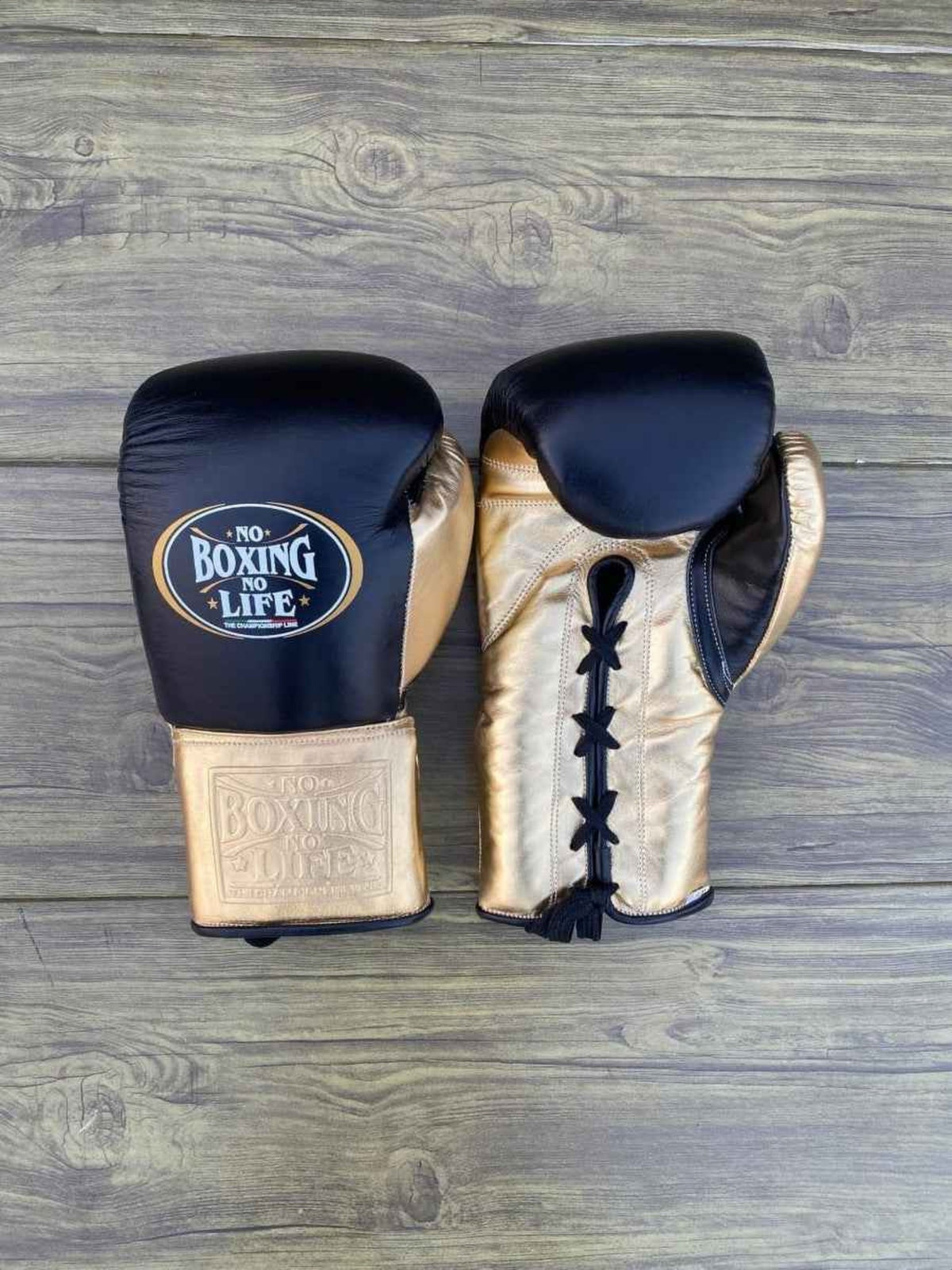 No Boxing No Life black and metallic gold leather boxing gloves headgear and groinguard set