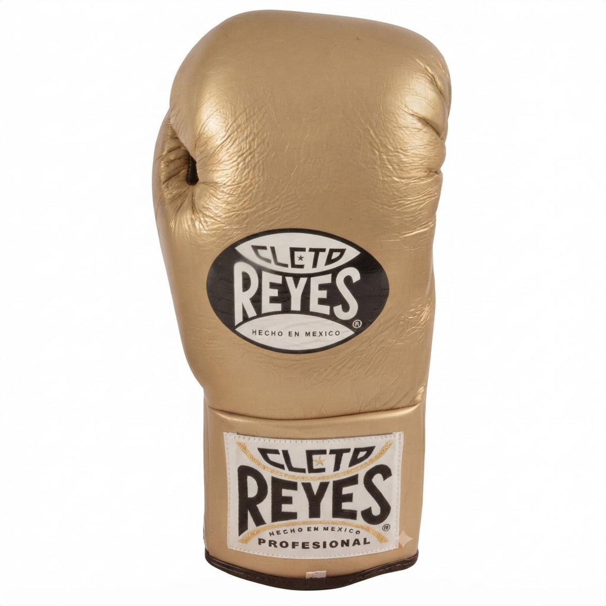 Single Cleto Reyes metallic gold leather boxing glove with brand logo on wrist strap