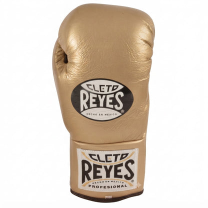 Single Cleto Reyes metallic gold leather boxing glove with brand logo on wrist strap