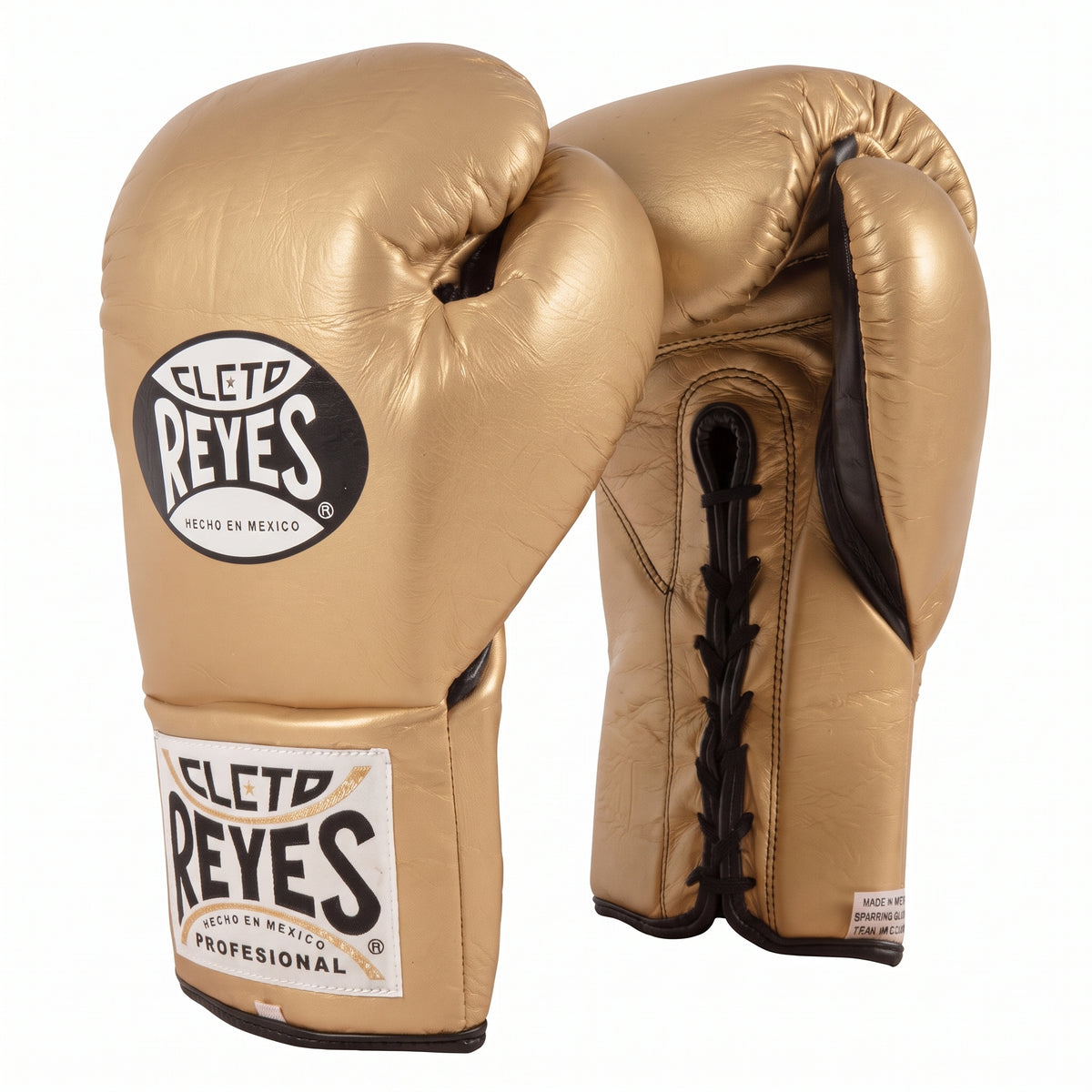 Cleto Reyes Metallic Gold elastic band training boxing gloves with black laces and logo patch