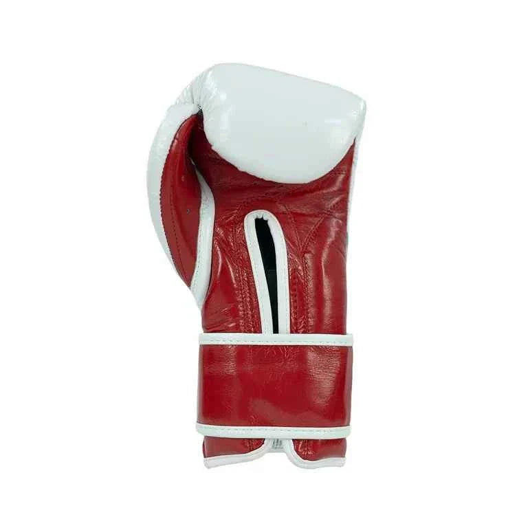 Limited edition Cleto Reyes professional hook-and-loop training boxing gloves featuring a white leather punching surface with a green and red abstract Mexican flag graphic, paired with a red leather palm and cuff.