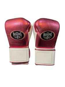 Authentic No Boxing No Life professional boxing gloves in iridescent rose with white cuffs and official branding.