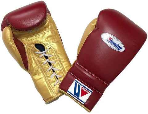 Custom Winning MS-600 professional 16oz lace-up boxing gloves in maroon leather with metallic gold palms and white laces, handcrafted in Japan.
