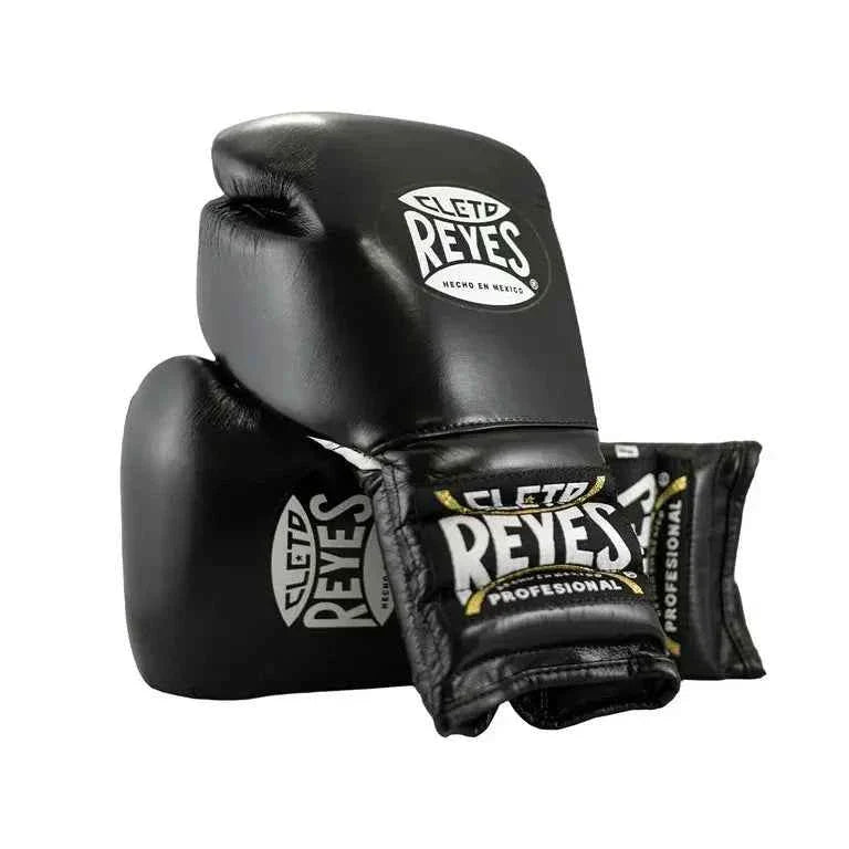 Official Cleto Reyes professional lace-up training boxing gloves in black leather featuring a white inner palm panel, crisp white laces, and traditional printed brand markings.