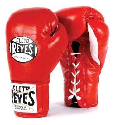 Official Cleto Reyes professional lace-up training boxing gloves in red leather featuring white laces, a white inner palm panel, and white printed brand logos.