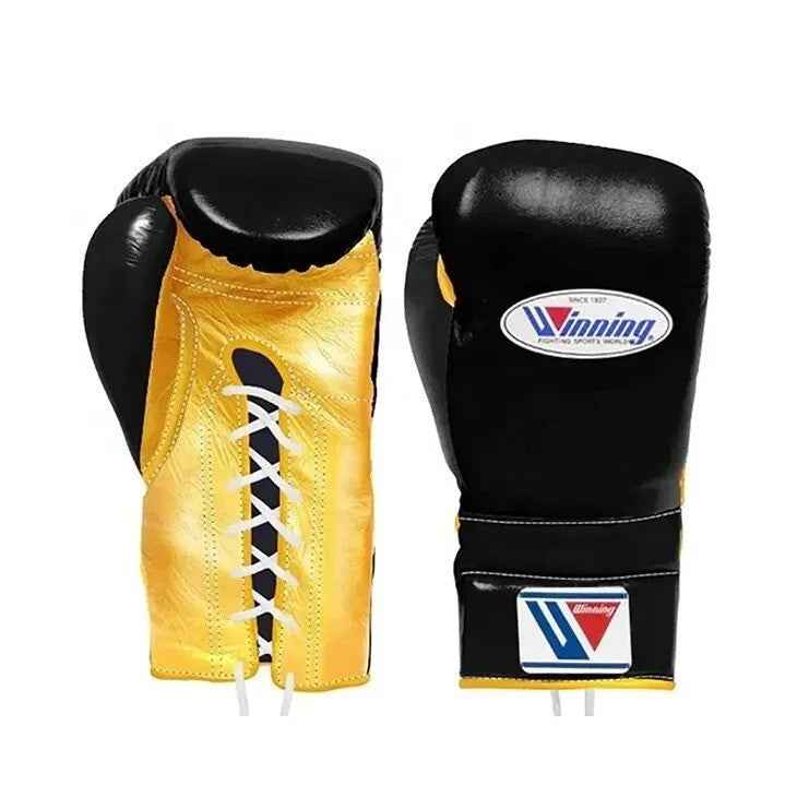 Winning professional custom 3-piece boxing sparring gear set featuring a matching lace-up glove pair, full-face headguard, and groinguard in an asymmetrical half metallic gold and half black split leather colorway.