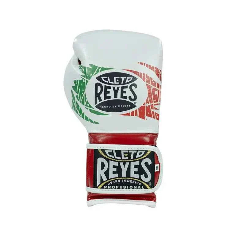 Limited edition Cleto Reyes professional hook-and-loop training boxing gloves featuring a white leather punching surface with a green and red abstract Mexican flag graphic, paired with a red leather palm and cuff.