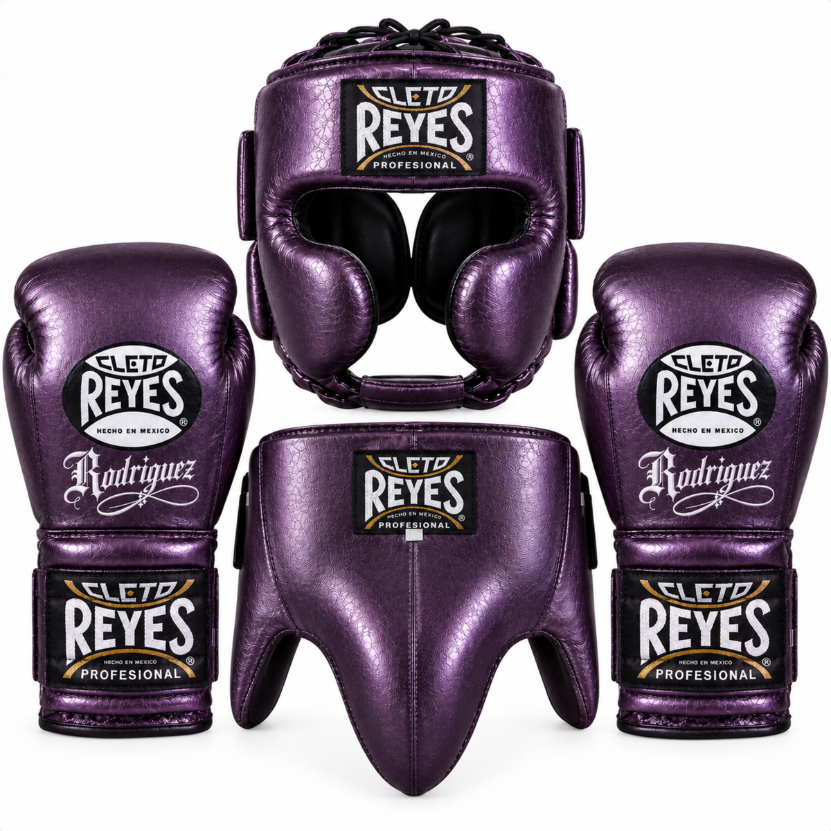 Metallic purple Cleto Reyes sparring set showing reflective boxing gloves, headguard and groinguard together