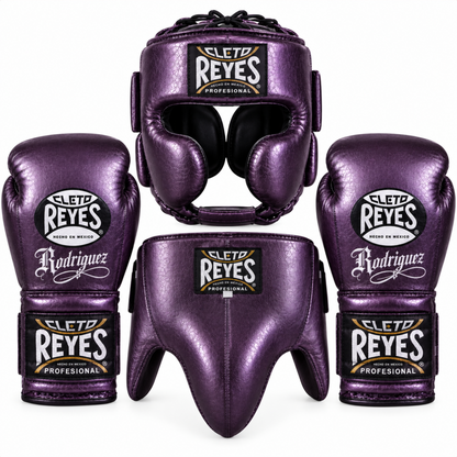 Metallic purple Cleto Reyes sparring set showing reflective boxing gloves, headguard and groinguard together