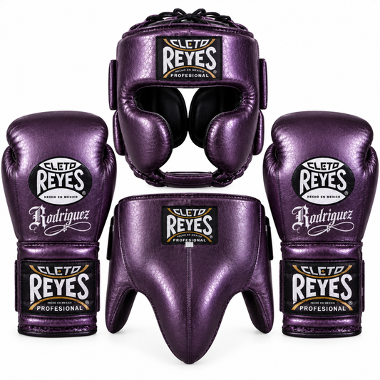 Metallic purple Cleto Reyes sparring set showing reflective boxing gloves, headguard and groinguard together