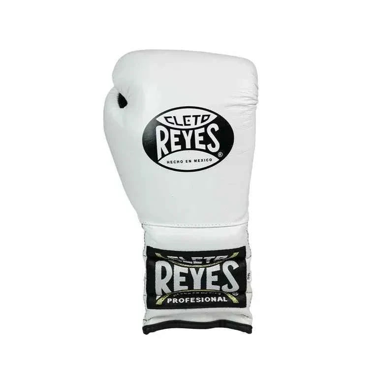 Official Cleto Reyes professional hook-and-loop training boxing gloves in clean white leather featuring a black printed brand logo and traditional black and gold stitched wrist patches.