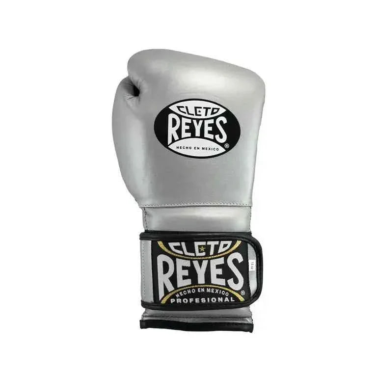 Official Cleto Reyes professional hook-and-loop training boxing gloves in silver metallic leather featuring a high-sheen chrome finish, black inner thumb lining, and traditional brand patches.