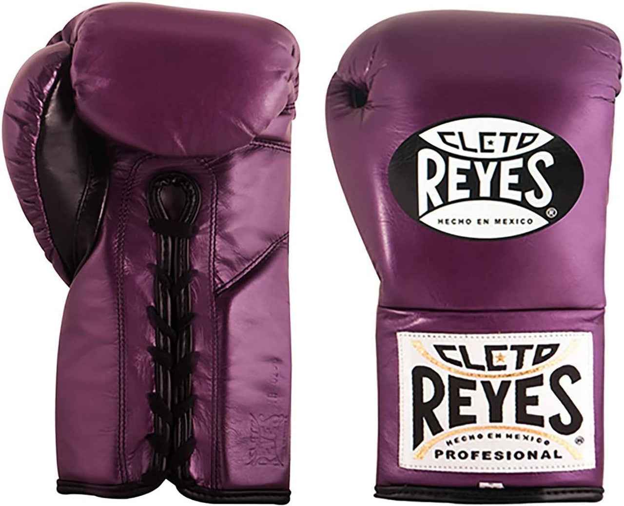 Official Cleto Reyes professional lace-up training boxing gloves in purple metallic leather featuring a high-sheen regal finish with black laces, a black inner thumb panel, and white printed brand logos.