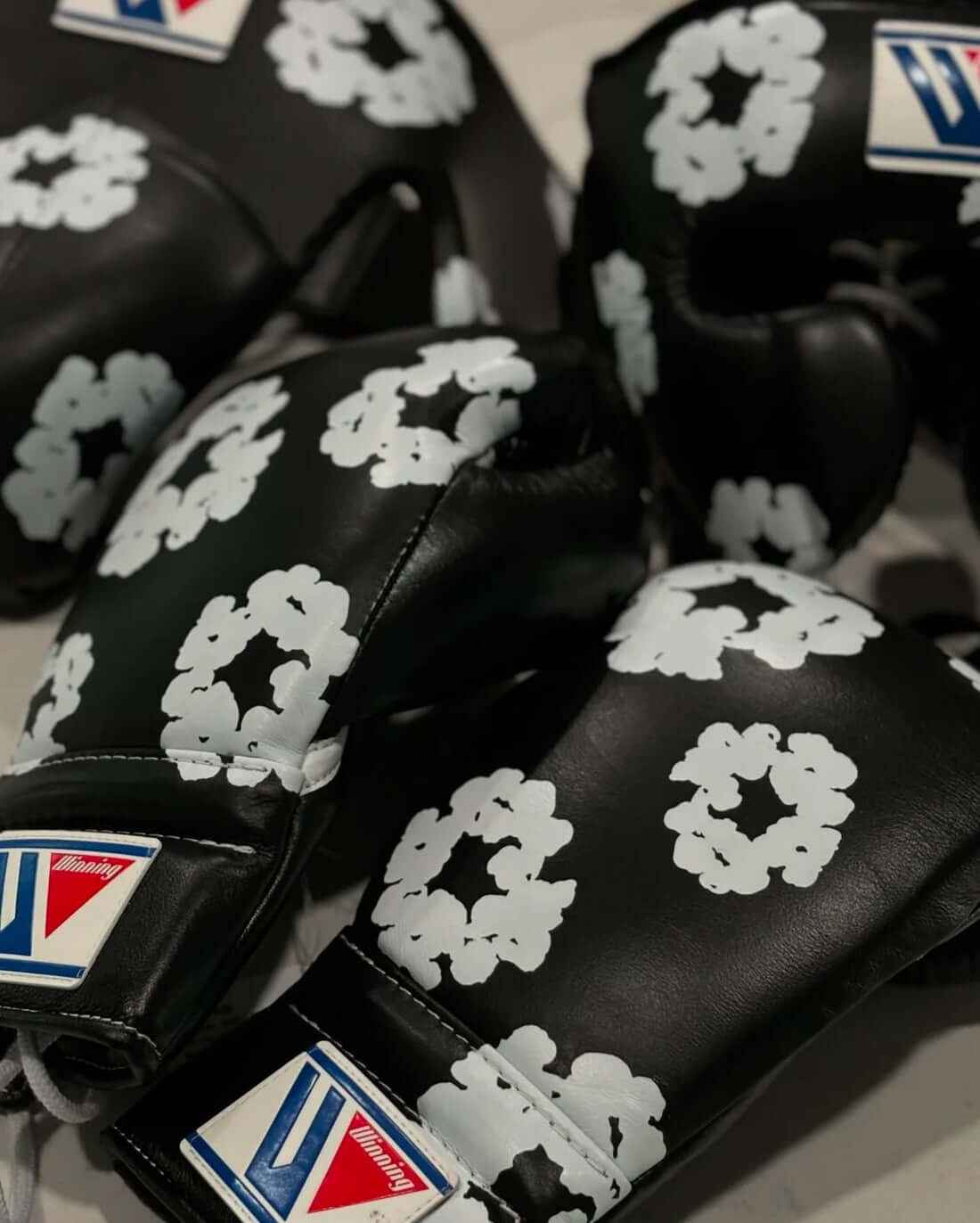 Winning MS-600 Custom Sparring Set in Black with White Floral Pattern including MS-600 gloves, FG-2900 headgear, and CPS-500 protector.