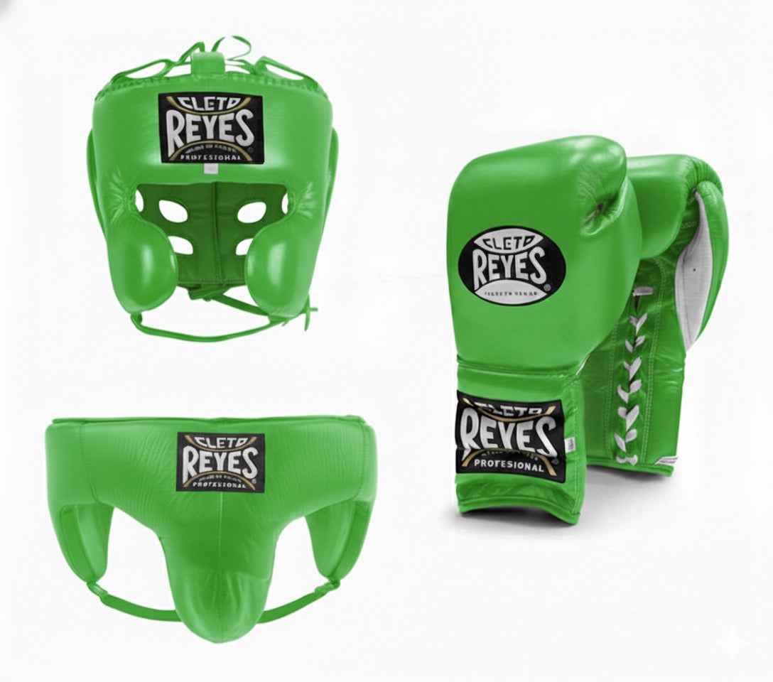 Official Cleto Reyes professional 3-piece boxing sparring gear set featuring matching lace-up gloves, a cheek protector headguard, and a groinguard in uniform vibrant lime green leather.